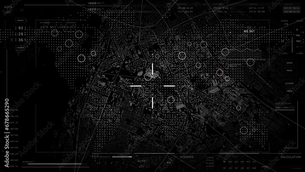 UI HUD Map satelite technological infographic elements.HUD 2GFX Technology Sci Fi 2D texture.User Interface data display. AI .data text 2 
