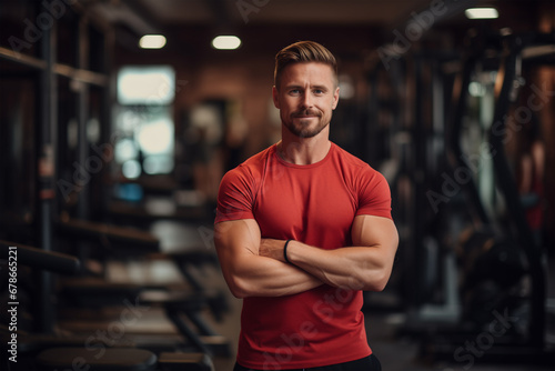 Muscular  man in green sportswear  fitness trainer smiling and looking at the camera on the background of the gym. The concept of a healthy lifestyle and sports.