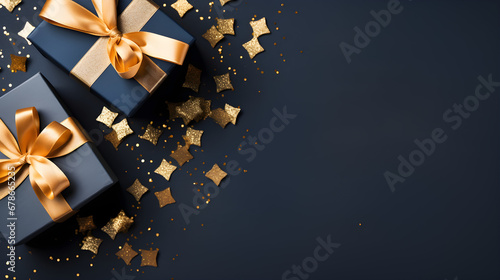 Top view of a dark blue gift box with a gold satin ribbon on a dark background, with copy space for a holiday or Christmas present,
