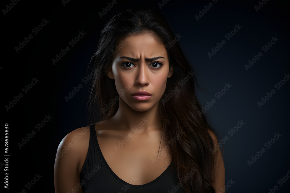 young adult Latin American woman on black background. Neural network generated photorealistic image.