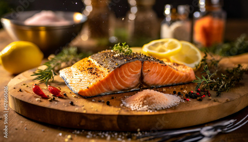 Fried, baked salmon with seasonings