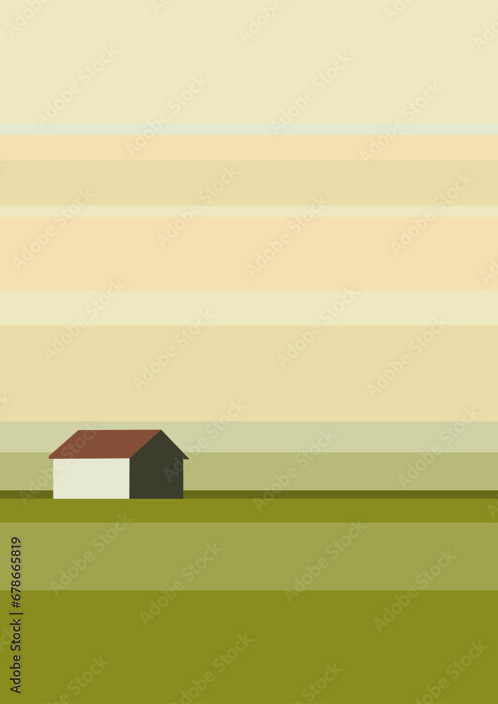 Minimalist Scandinavian landscape vector illustration. Summer village landscape colorful poster.