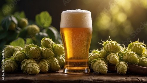 Golden beer in a glass with a foamy head, surrounded by hop buds in a rustic setting. The background is blurred and has a warm, inviting feel.