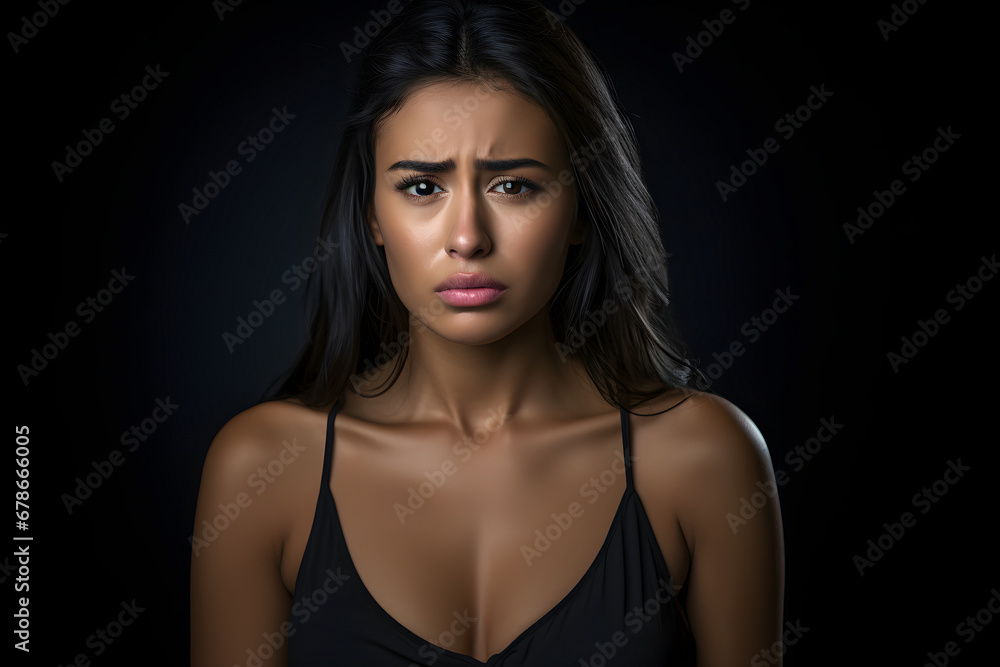 Sad young adult Latin American woman on black background. Neural network generated photorealistic image. Sad young adult Latin American woman on black background. Neural network generated photorealistic image.