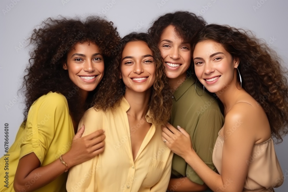 Women of different nationalities interact by smiling and embracing ...
