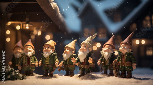 A photo realistic image of christmas elves in their village, snowy created with Generative Ai © Andrii Yablonskyi