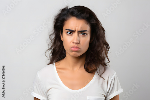 Sad young adult Latin American woman on off-white background. Neural network generated photorealistic image.