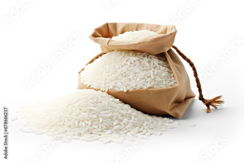 wood bowl and burlap bag of rice isolated on transparent background, png file