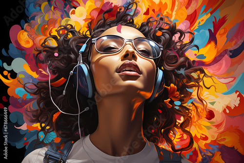 Hallucination Art: A creative expression of the vivid and distorted perceptions and sensations of a person with hallucinations. she is waring headphone then she can forget what she Heare.  photo