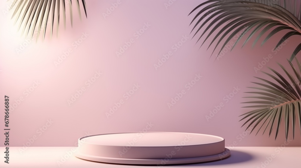 Abstract minimal scene with pink podium and palm leaves Abstract minimal scene with pink podium and palm leaves