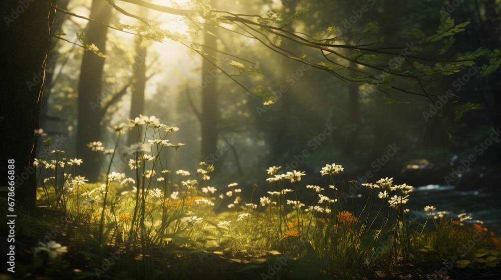 Sunlight piercing through the forest canopy, illuminating a lone, exquisite wildflower.