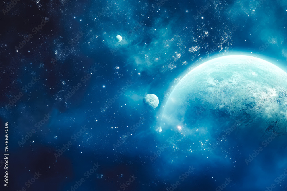 Abstract planets and beautiful representation of space in bluish colors for background pictures, spectacular photo of space for wallpaper - obrazy, fototapety, plakaty 