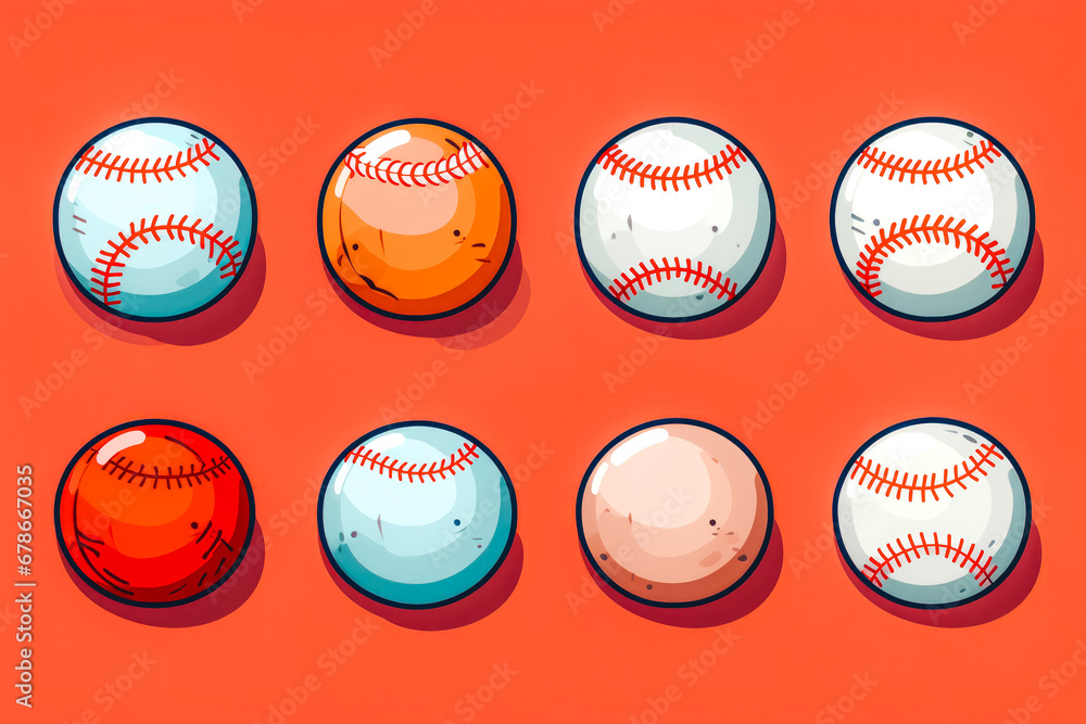 Illustration of baseball vector icon soft balls in two lines on red background, concept of playing baseball Illustration of baseball vector icon soft balls in two lines on red background, concept of playing baseball