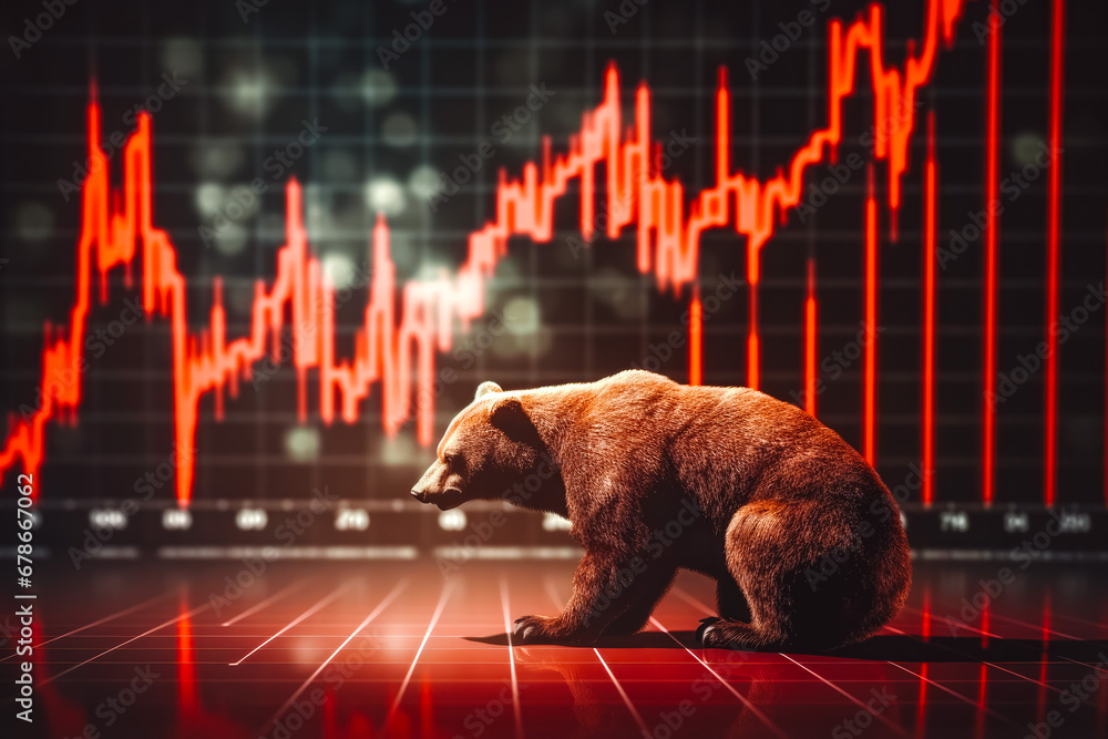 Brown bear market concept with stock chart digital numbers in the background, financial risk, red price drop down chart, global economic in crisis - obrazy, fototapety, plakaty 