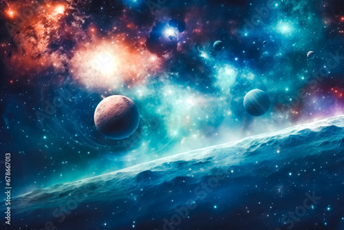 Abstract planets and beautiful representation of space in bluish colors for background pictures, spectacular photo of space for wallpaper