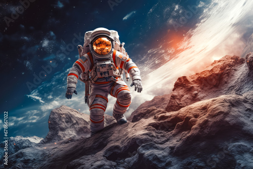 Shot of astronaut dressed in his full safety gear walking on rock surface with spectacular space in the background, traveling in space concept