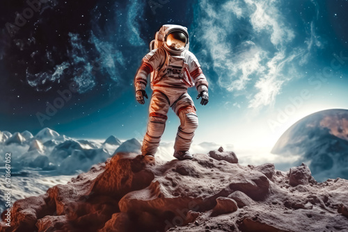 Fototapeta Naklejka Na Ścianę i Meble -  Shot of astronaut dressed in his full safety gear walking on rock surface with spectacular space in the background, traveling in space concept