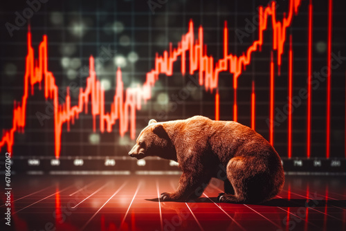 Brown bear market concept with stock chart digital numbers in the background, financial risk, red price drop down chart, global economic in crisis photo