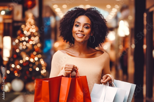 Beautiful young african american woman in the mall with shopping bags smiling and enjoying spending time in stores, holiday season gift buying