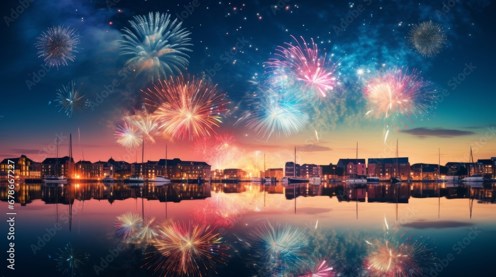 Colorful fireworks over the cityscape with sea and skyline at night