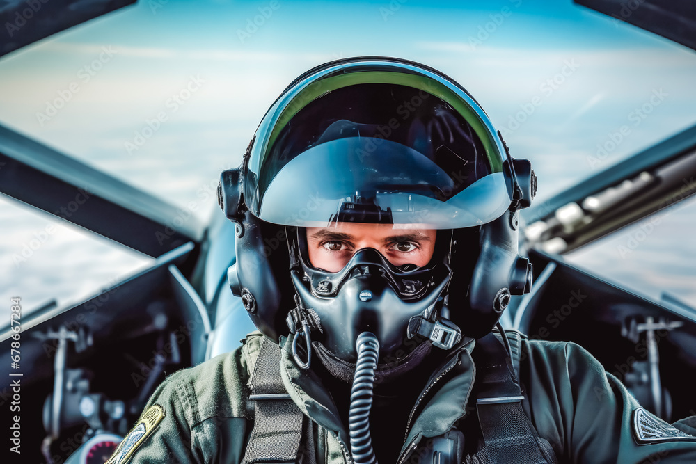 Portrait of soldier pilot with helmet and safety mask flying in cockpit on a secret mission, air force military army in training Portrait of soldier pilot with helmet and safety mask flying in cockpit on a secret mission, air force military army in training