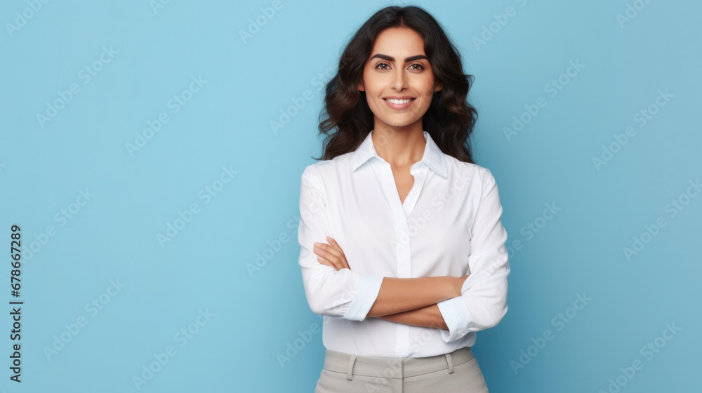 Confident professional woman smiling, arms crossed, on a blue background Confident professional woman smiling, arms crossed, on a blue background