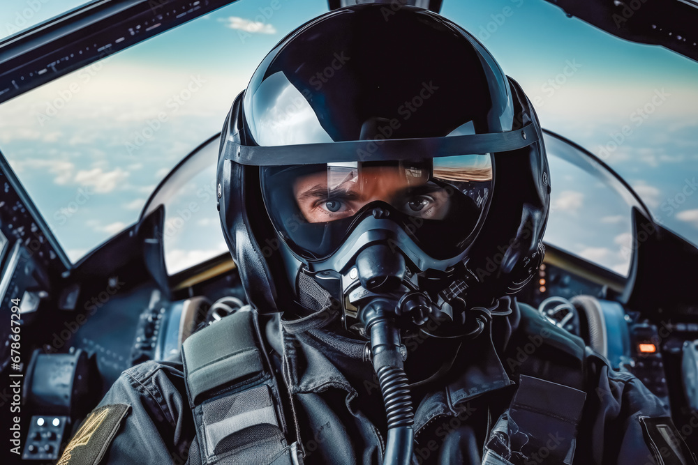 Portrait of soldier pilot with helmet and safety mask flying in cockpit on a secret mission, air force military army in training Portrait of soldier pilot with helmet and safety mask flying in cockpit on a secret mission, air force military army in training