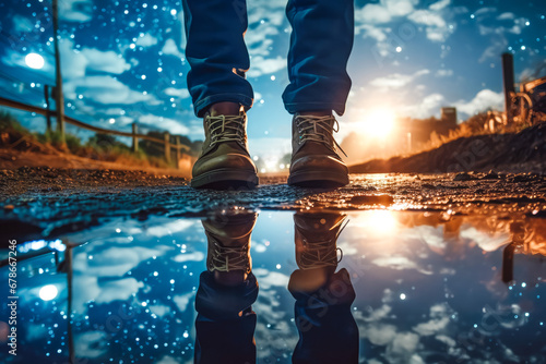 Close up of man's feet standing in front of a puddle with reflection of spectacularly beautiful night sky and space in the background photo