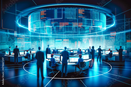 Illustration of trading floor stock market exchange office, monitoring and analyzing market, investing in exchange market based on data
