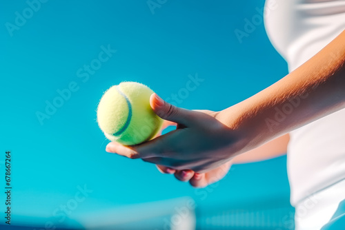 Partial view of sportive young woman holding tennis ball in her hand with blue background, close up shot of brand new tennis ball © VisualProduction