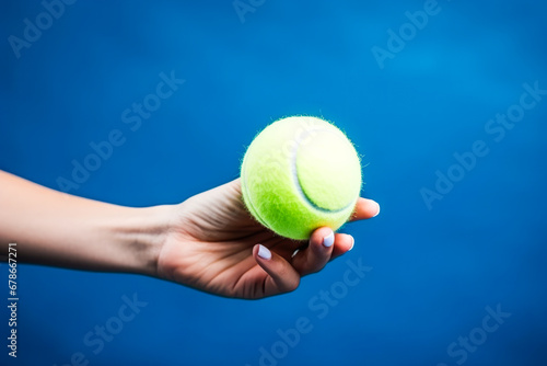 Partial view of sportive young woman holding tennis ball in her hand with blue background, close up shot of brand new tennis ball