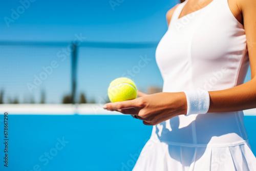 Partial view of sportive young woman holding tennis ball in her hand with blue background, close up shot of brand new tennis ball © VisualProduction