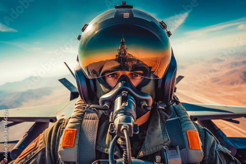 Portrait of soldier pilot with helmet and safety mask flying in cockpit on a secret mission, air force military army in training photo