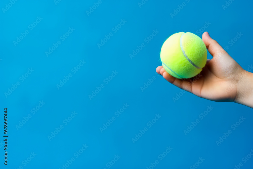 Partial view of sportive young woman holding tennis ball in her hand with blue background, close up shot of brand new tennis ball