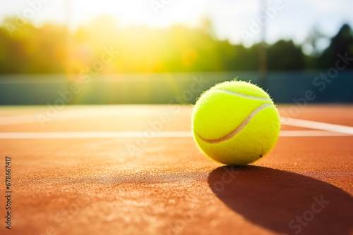 Close up of new tennis ball on a tennis court, sport recreation concept, tennis tournament outside on a sunny day, © VisualProduction