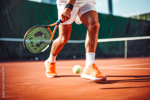 Close up of tennis player serving in a tennis match on outside court with leg drive, athletic tennis player's legs playing tennis tournament © VisualProduction