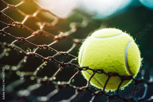 Close up shot of beautiful new tennis ball hitting a net in the middle of a match, brand new tennis ball in net with tennis court in the background © VisualProduction