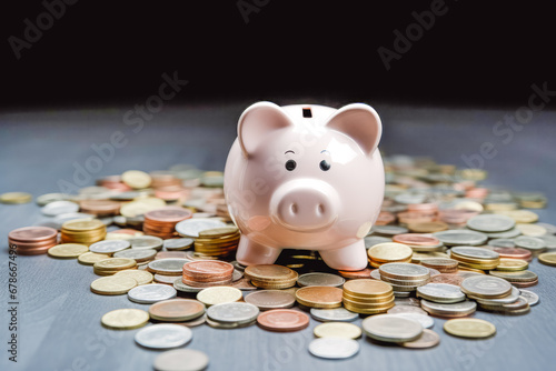 Close up of piggy bank standing on coins symbolizing saving and good money investments, economic market concept, putting money in bank account for saving