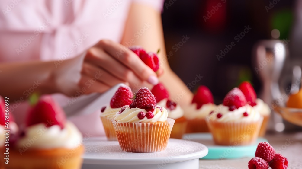Woman decorating cupcakes with fresh raspberries