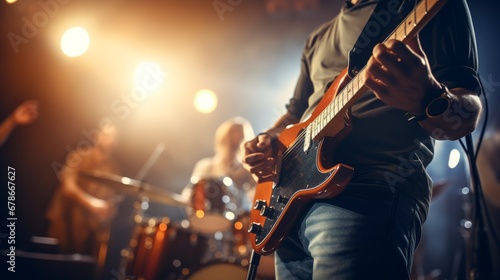 Musician playing electric guitar on stage during live music concert in nightclub