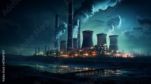 Power plant with smoking chimneys at night. Concept of environmental pollution