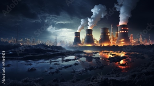Power plant with smoking chimneys at night. Concept of environmental pollution
