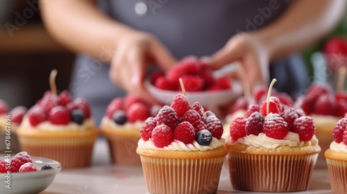 Woman decorating cupcakes with fresh raspberries © hardqor4ik