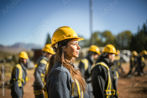Portrait of a confident female engineer, wearing helmet and safety clothing