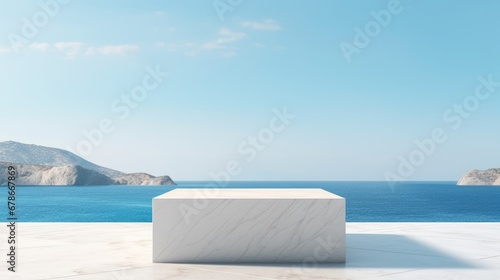 White marble pedestal with sea view and blue sky background