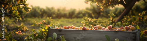 Apricots harvested in a wooden box in an orchard with sunset. Natural organic fruit abundance. Agriculture, healthy and natural food concept. Horizontal composition, banner.