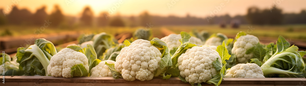 Cauliflower harvested in a wooden box with field and sunset in the background. Natural organic fruit abundance. Agriculture, healthy and natural food concept. Horizontal composition, banner. - obrazy, fototapety, plakaty 