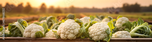 Cauliflower harvested in a wooden box with field and sunset in the background. Natural organic fruit abundance. Agriculture, healthy and natural food concept. Horizontal composition, banner. #678668232