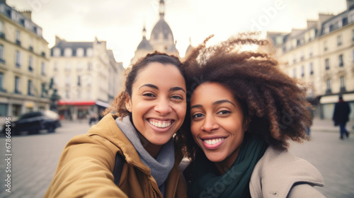 Wallpaper Mural Two joyful women taking a selfie with a historic city backdrop Torontodigital.ca