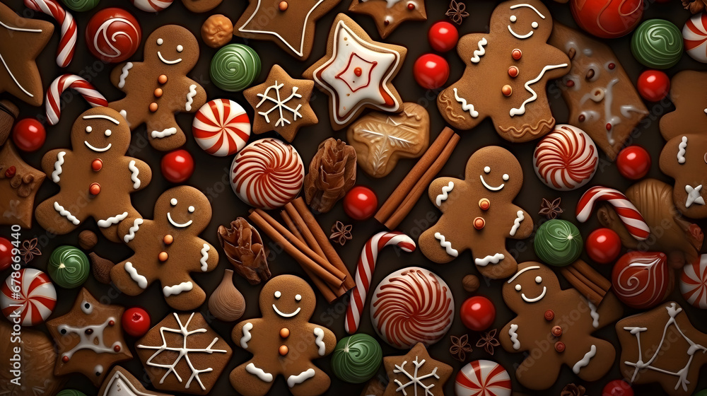 Abstract background with Christmas gingerbread pieces and cookies on brown background. Horizontal composition.